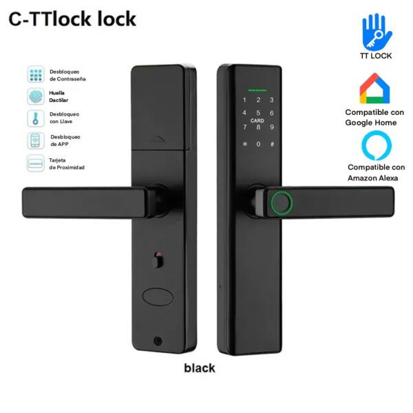 Cerradura Digital TTLock mostrando todas las opciones de apertura y compatibilidad con Google Home y Alexa.